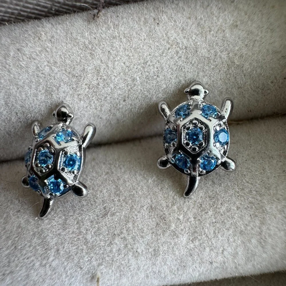 Sterling Silver 925 Turtle Earrings with Blue Crystals – Ocean Inspired Studs - Picture 1 of 6